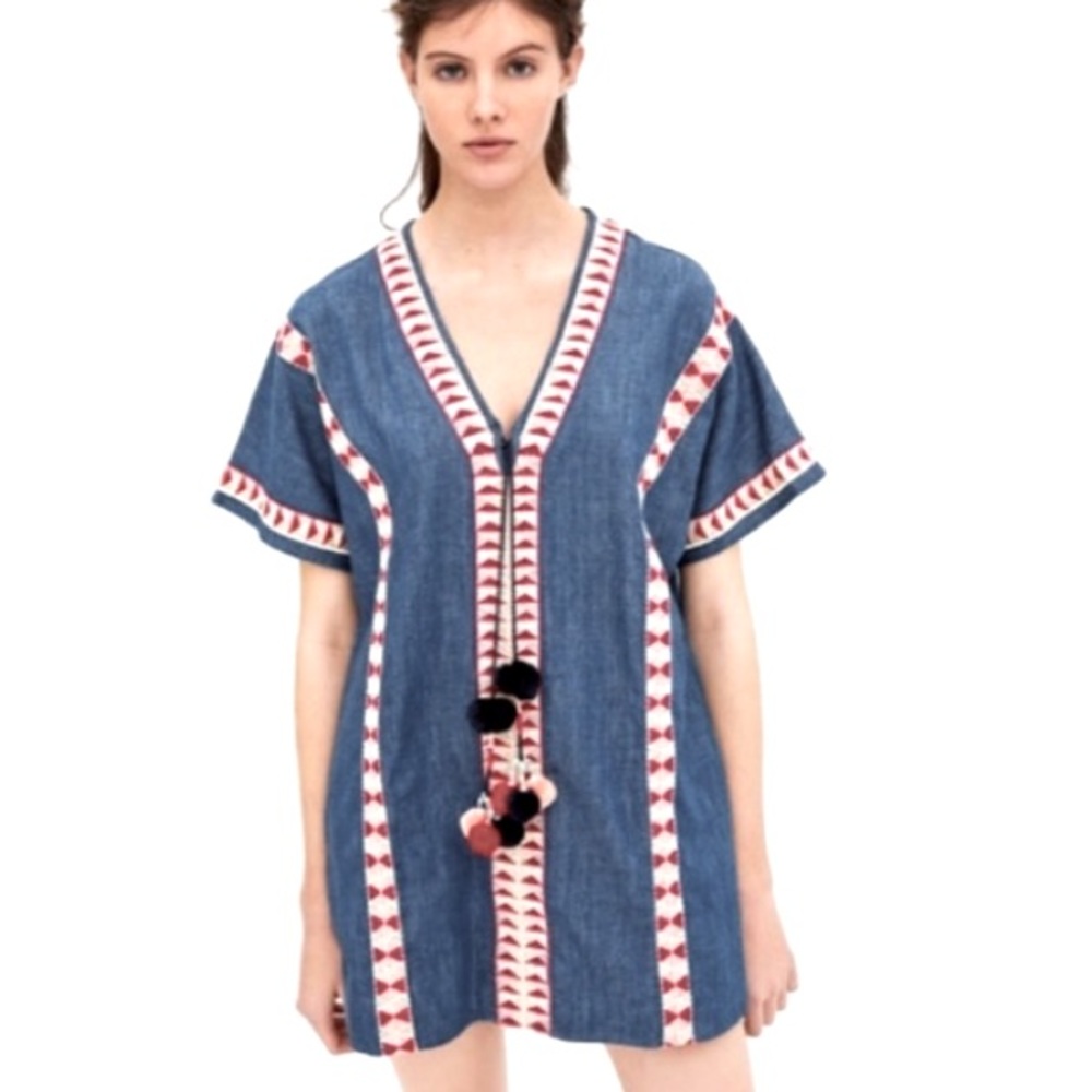 Zara embroidered denim chambray festival plunging tassel mini dress size small